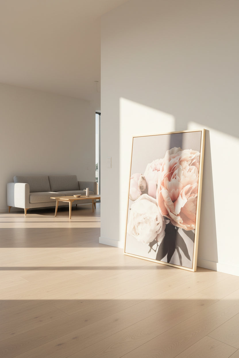 Framed floral artwork with pink and white flowers on a dark surface.