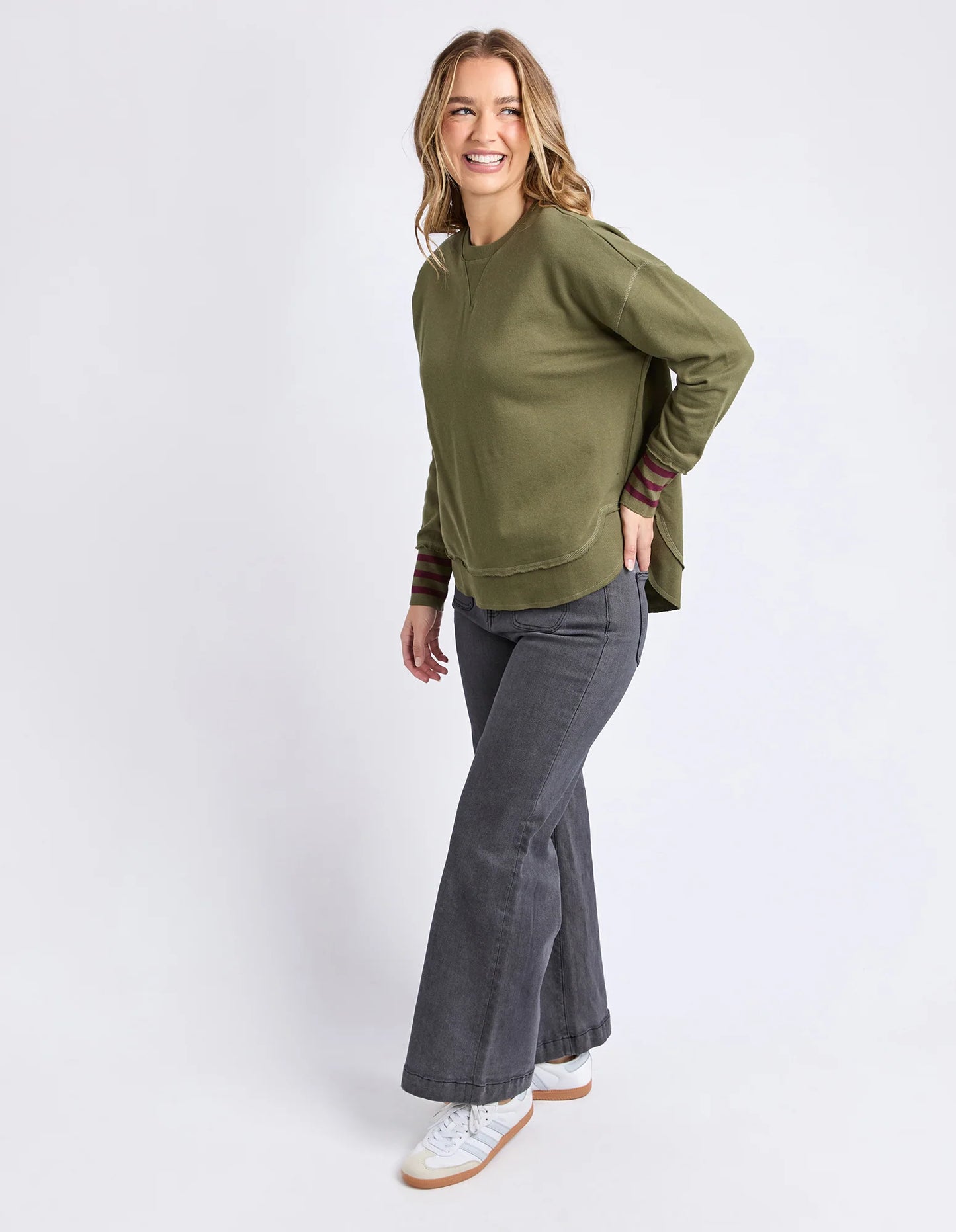 Foxwood Alex Stripe Cuff Crew - Moss