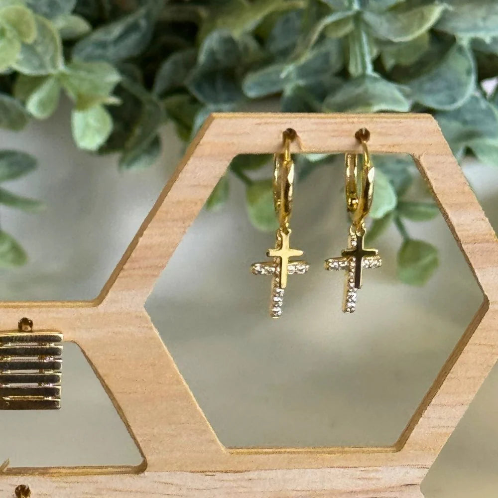 Queen of the Foxes | Earrings | Gold Huggies Petite Cross