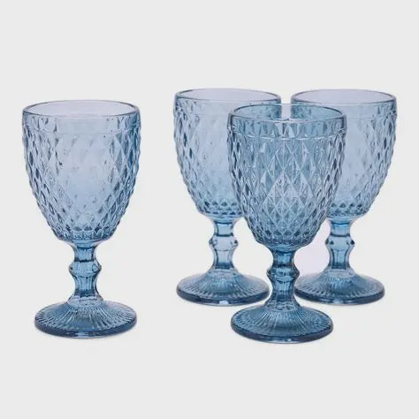 Glass Diamond Cut Wine Blue Set of 4.