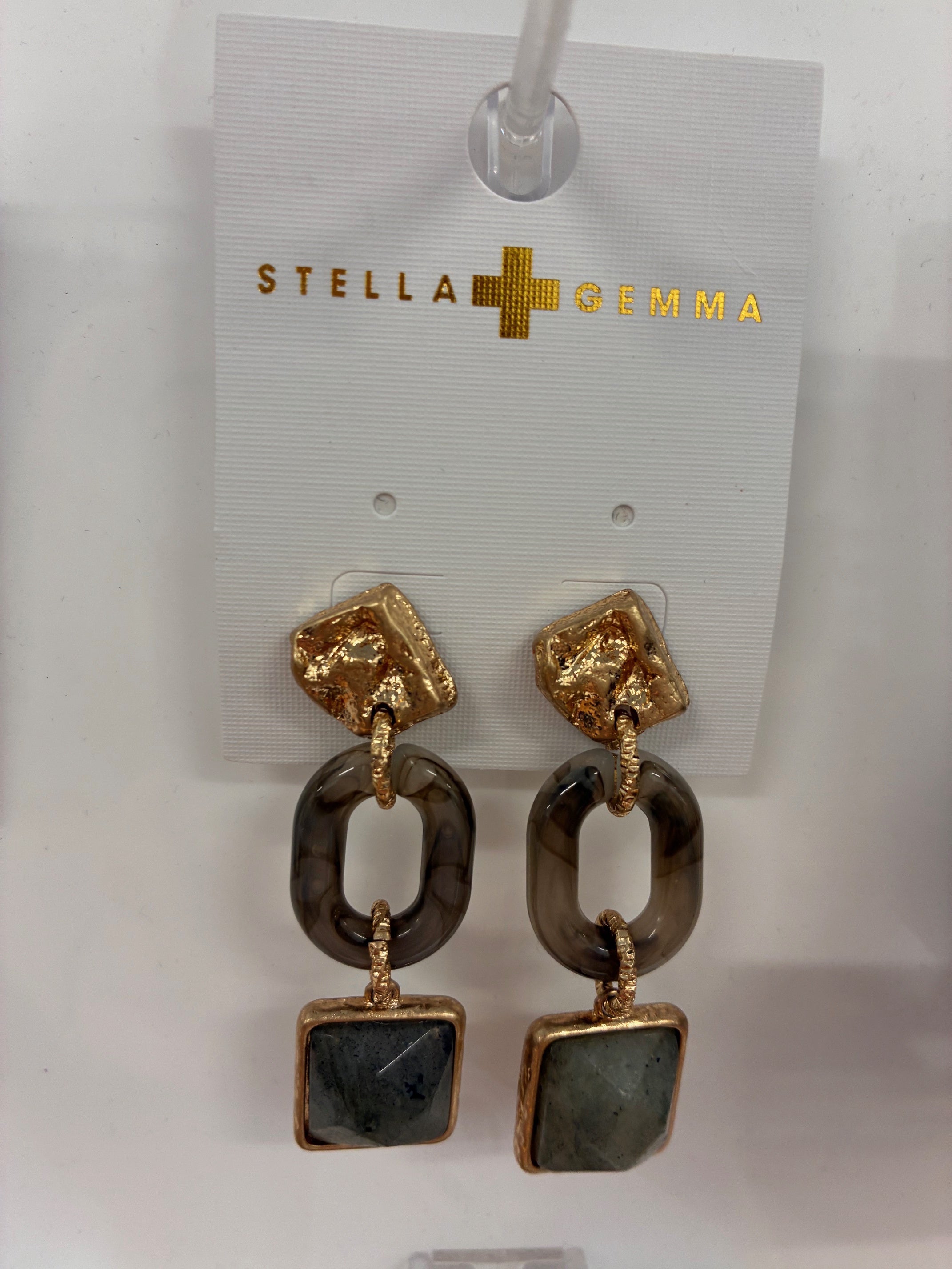 Stella + Gemma - Earrings - Beaten Gold Resin Link with Grey Quartz