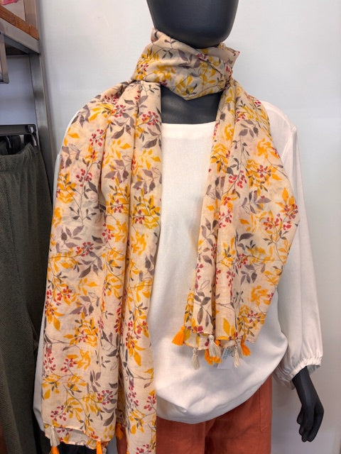 Floral Yellow Tassel Scarf