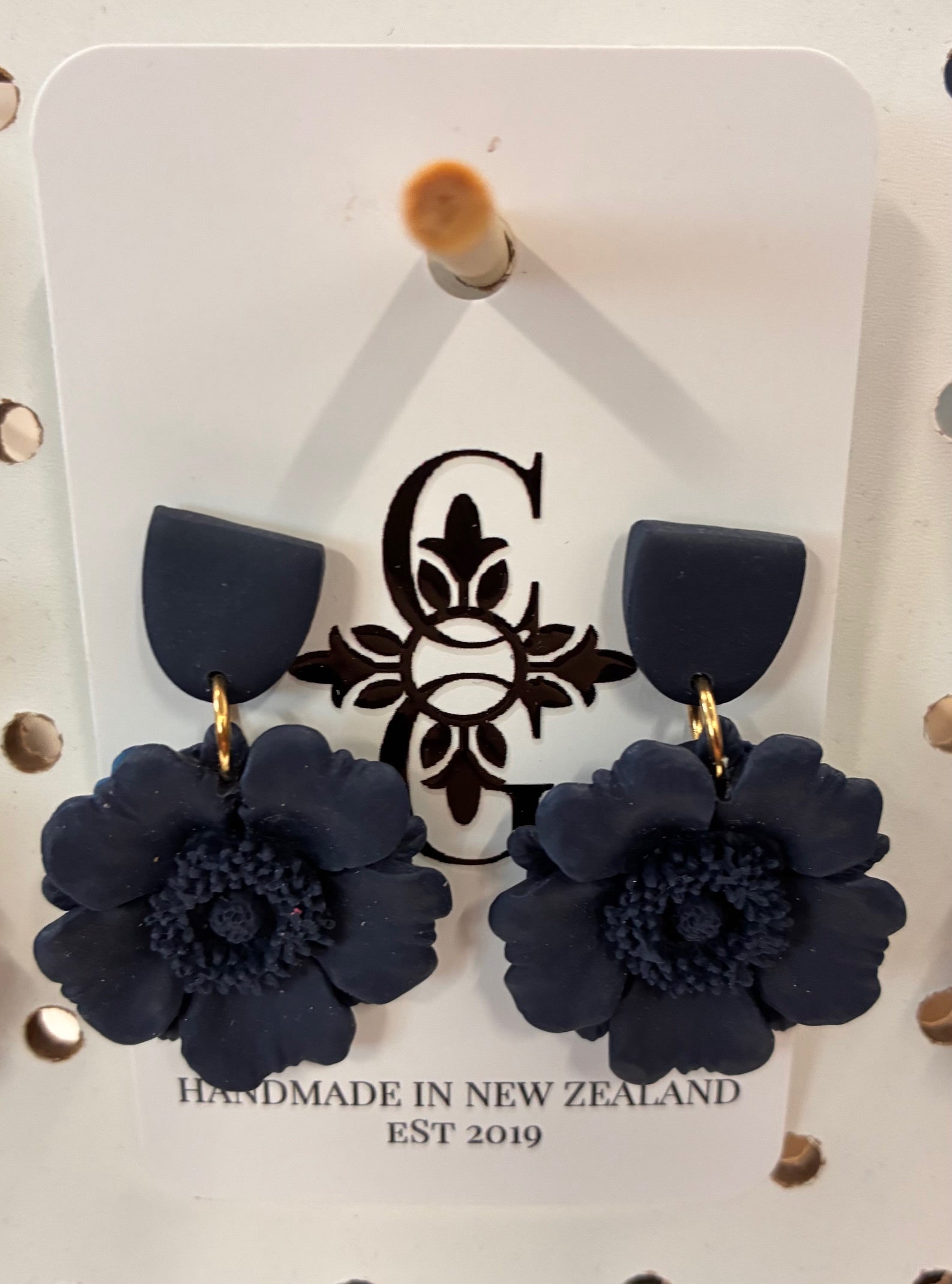 Clay Gossip - Earrings - Navy Blue Flower