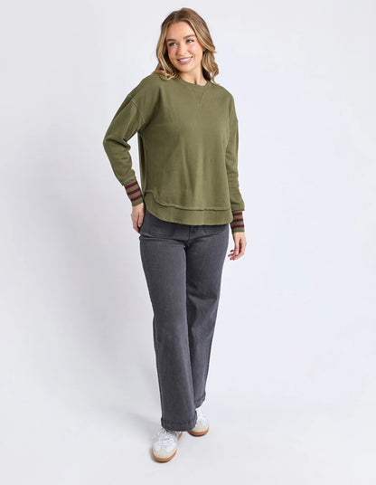 Foxwood Alex Stripe Cuff Crew - Moss