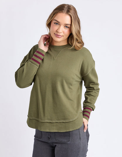 Foxwood Alex Stripe Cuff Crew - Moss