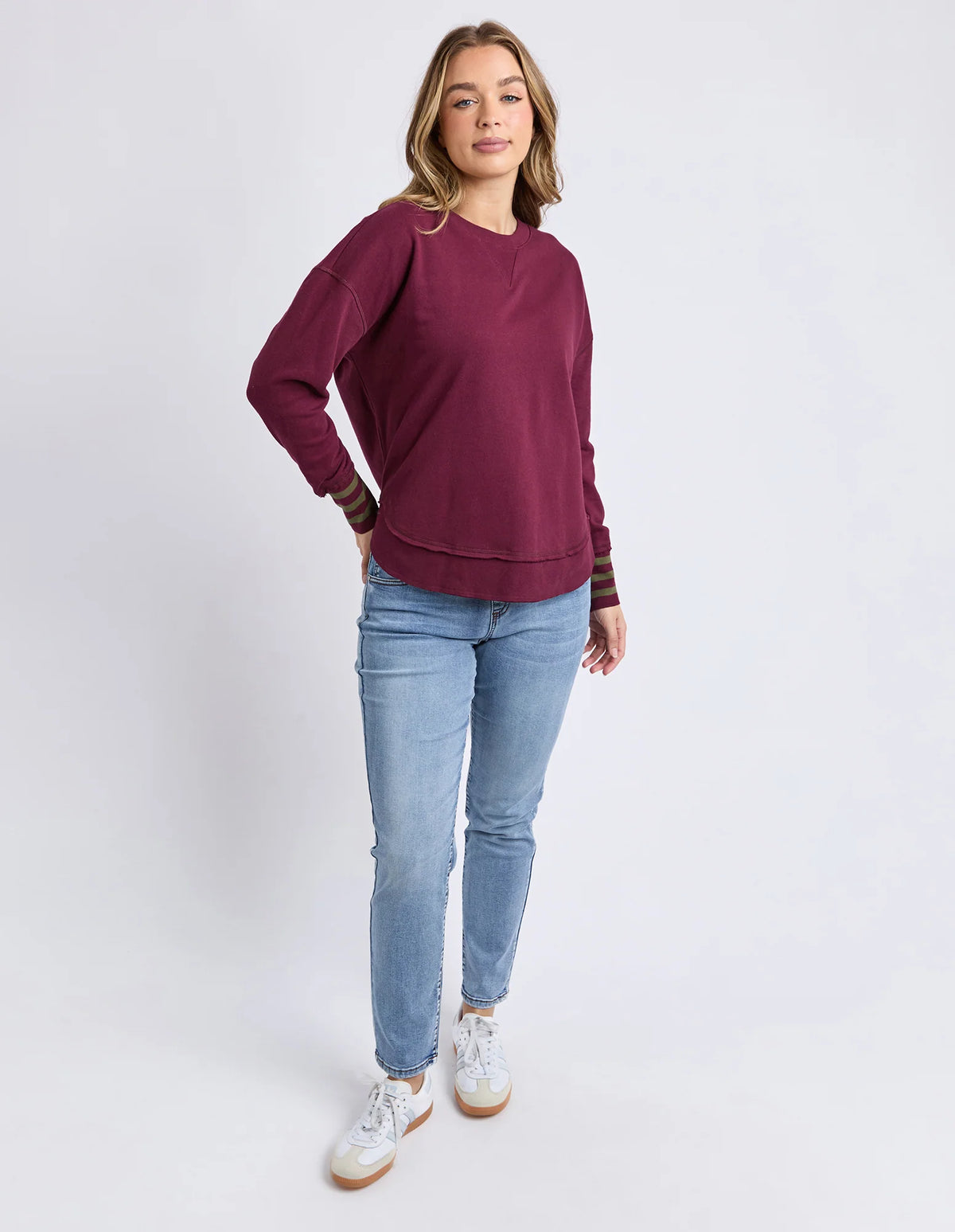 Foxwood | Alex Stripe Cuff Crew | Wine