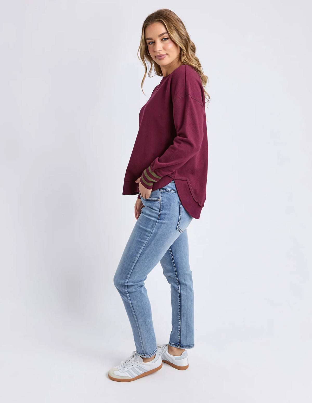 Foxwood | Alex Stripe Cuff Crew | Wine