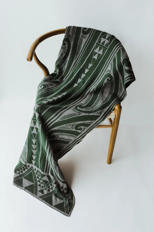 Hawaiiki Pepi | Kotahitanga Knitted Cotton Throw | Green & Grey