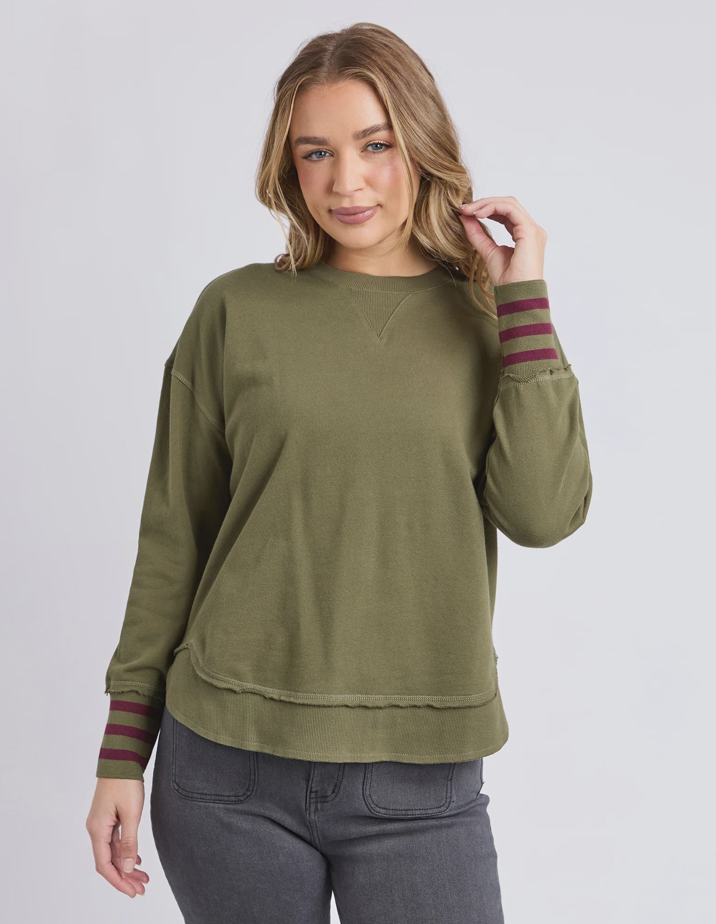 Foxwood Alex Stripe Cuff Crew - Moss