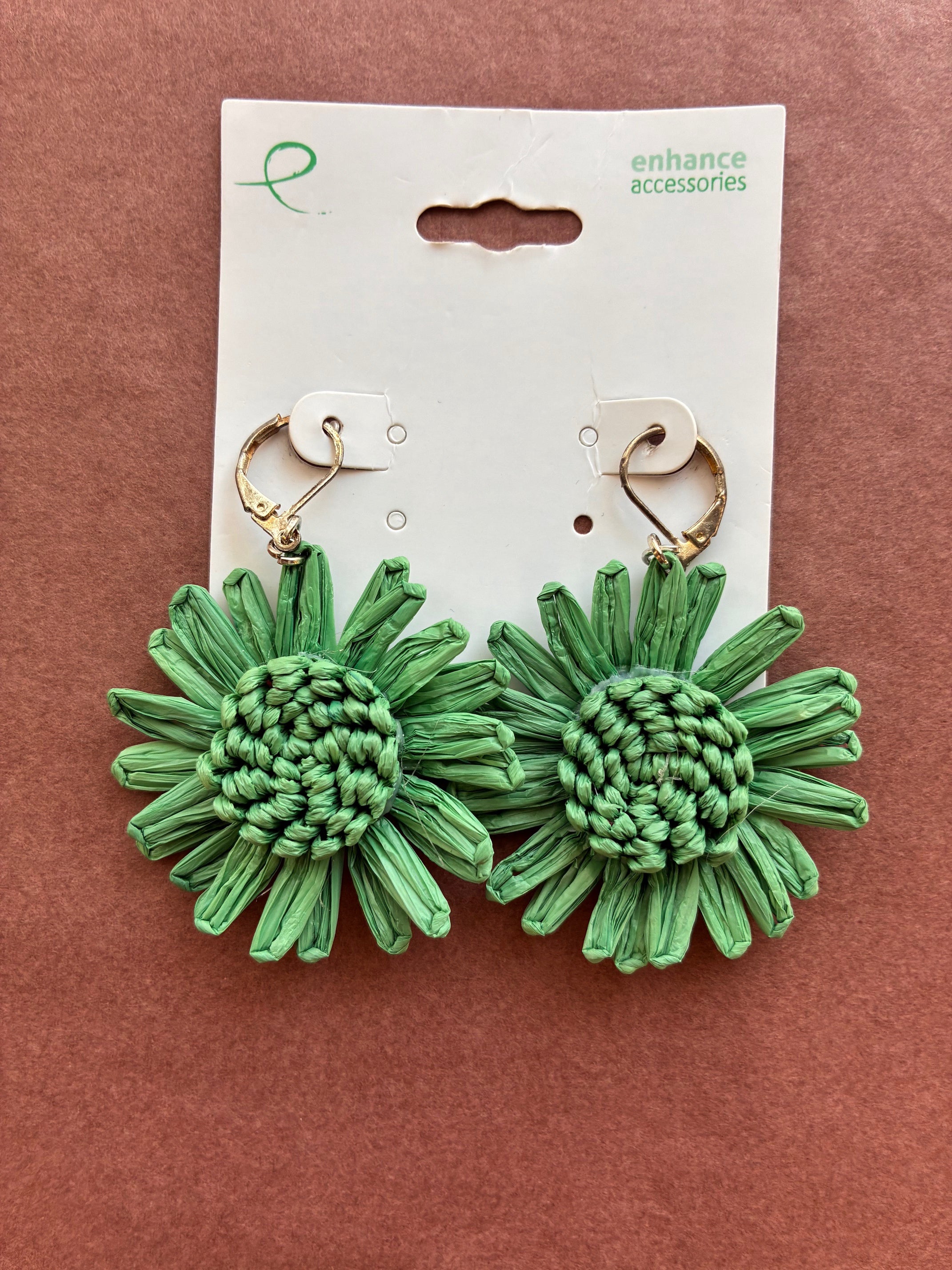 Handmade Raffia Green Flower Earrings