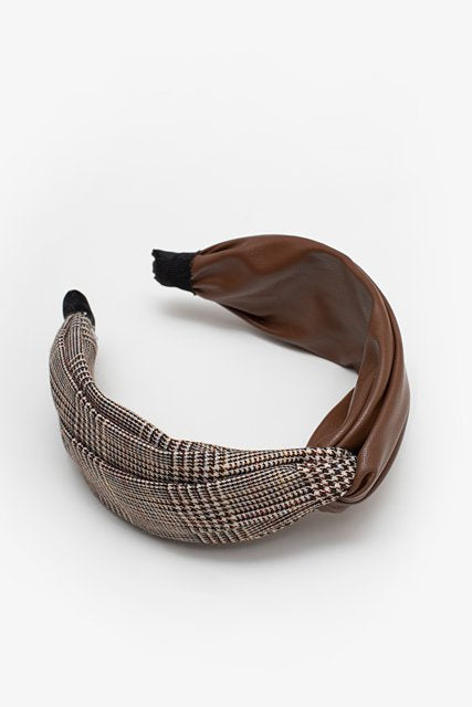 Antler - Plaid & PU Knot Headband - Mocha