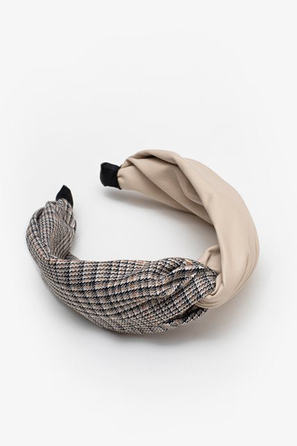 Antler - Plaid PU Knot Headband - Oatmeal