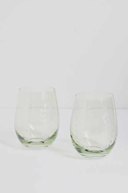 Set of 2 Stemless Olive Green Wine Glass