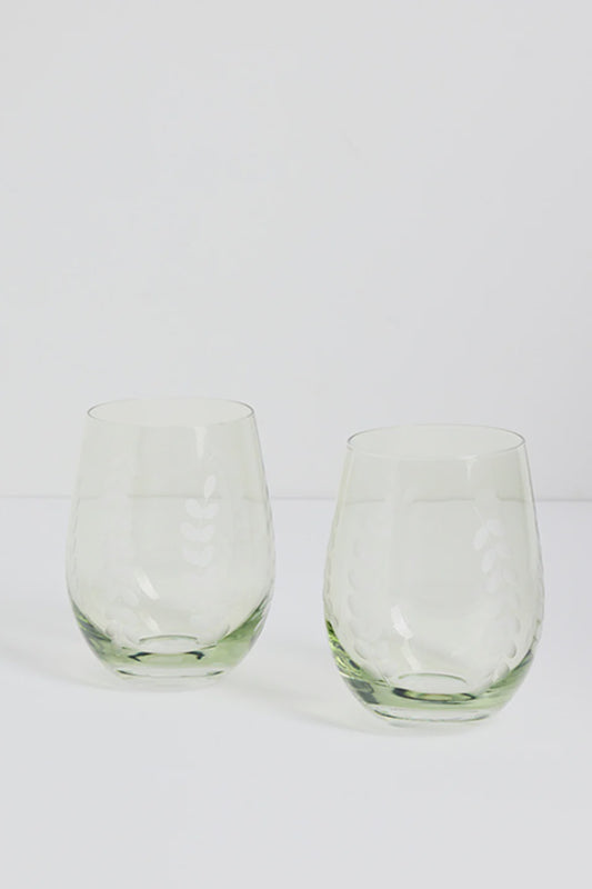 Set of 2 Stemless Olive Green Wine Glass