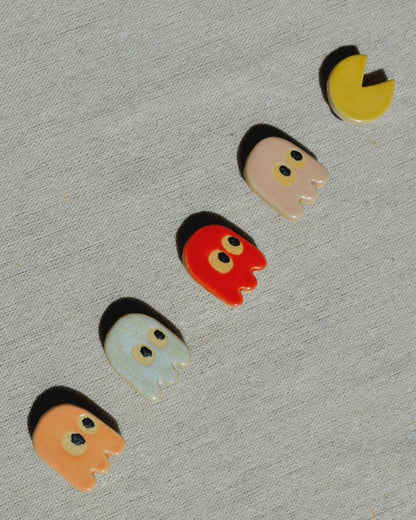 Backyard Ceramics | Pac-Man & Ghost Ceramic Magnet Set | 5 Pieces