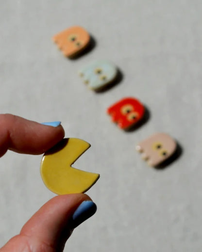 Backyard Ceramics | Pac-Man & Ghost Ceramic Magnet Set | 5 Pieces
